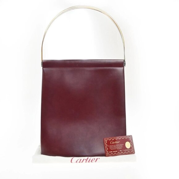 CARTIER Logo Trinity Tricolor Metal Handle Hand Bag Leather Red France 76EG321